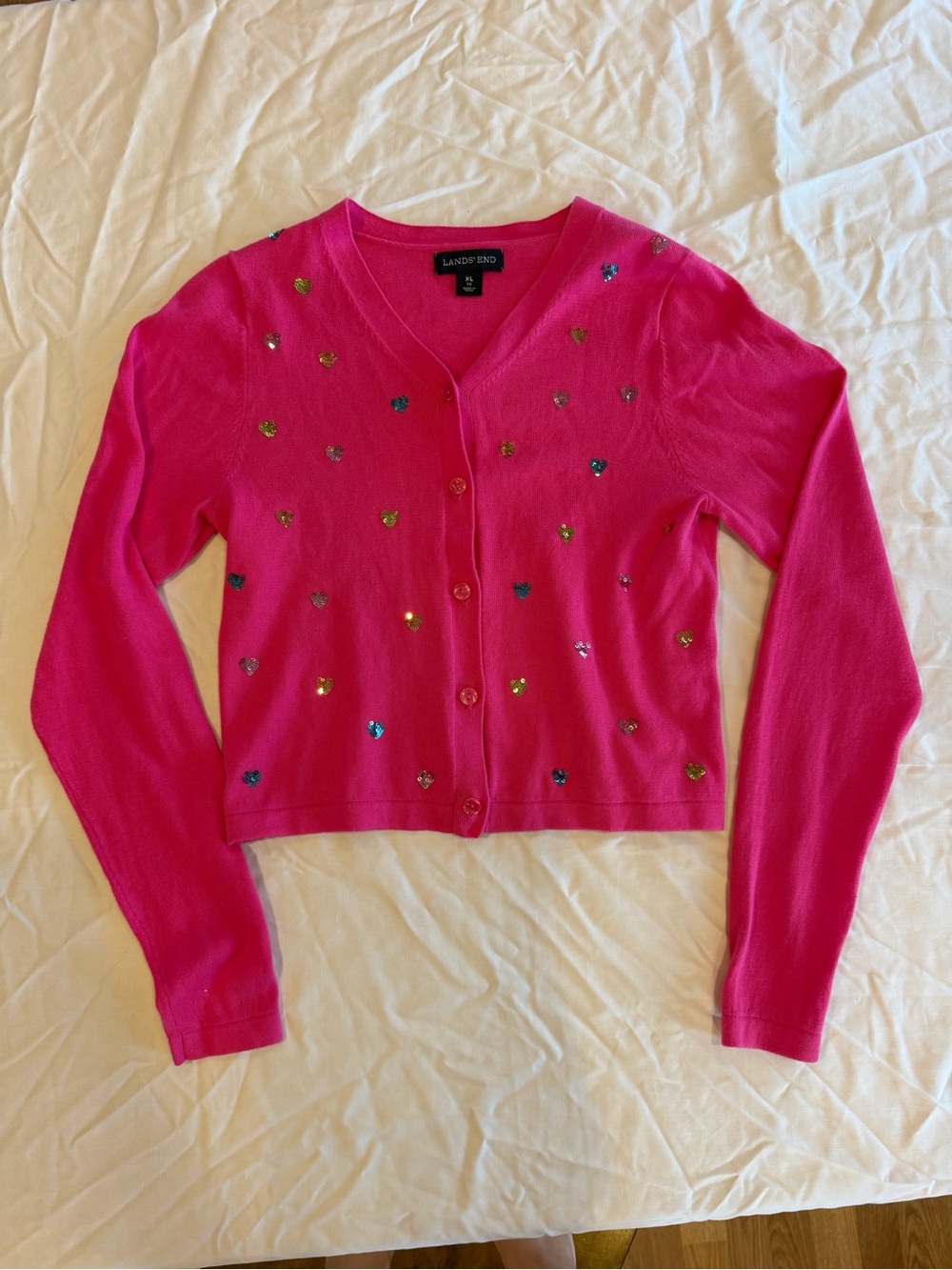 Lands' End Hot Pink Sequin Heart Button-Front Cardigan
